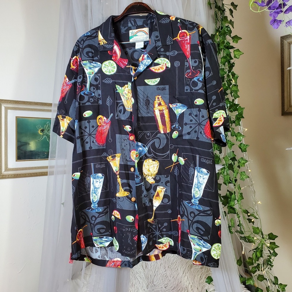 Paradise Found Shirt Mens Size L‎ Black Orbit Cocktail Lounge Button Up Vintage